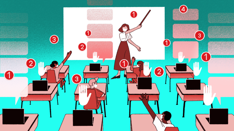 Illustration of teach at front of class, where half the students are at their desk and the remaining desks have open laptops where students are remotely working from.