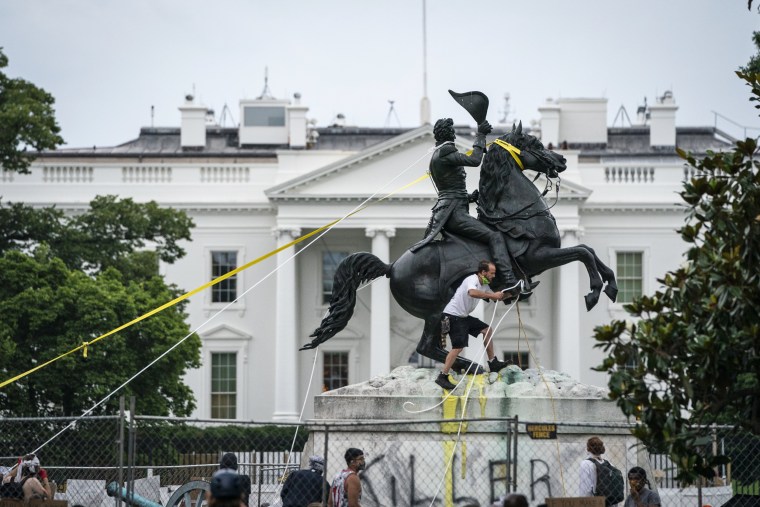 Protesters attempt to pull down Andrew Jackson's statue in Lafayette Square on June 22.