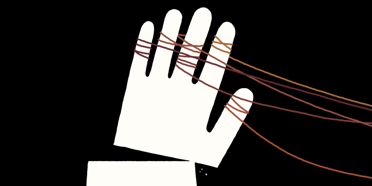 Illustration of white hand being pulled down by ropes.