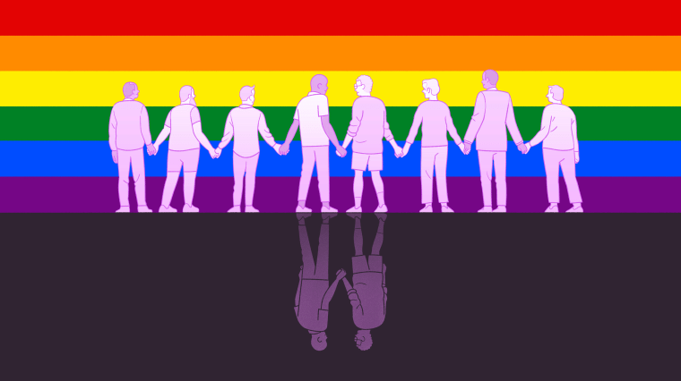 Illustration of two men holding hands in front of a Pride flag, on each side they are holding the hands of other people.