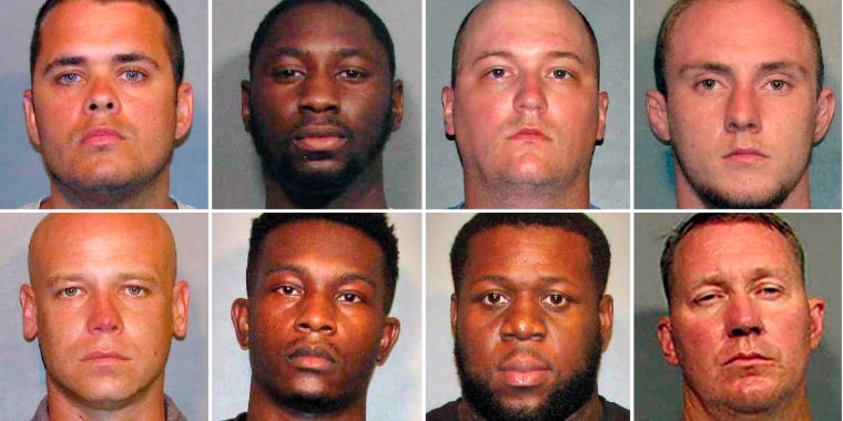 From left, top row: Police officers Aaron Jaudon, D'Andre Jackson, Mark Ordoyne and William Isenhour. Bottom row: Police officers Christopher McConnell, Brandon Walker, Treveion Brooks and David Francis.
