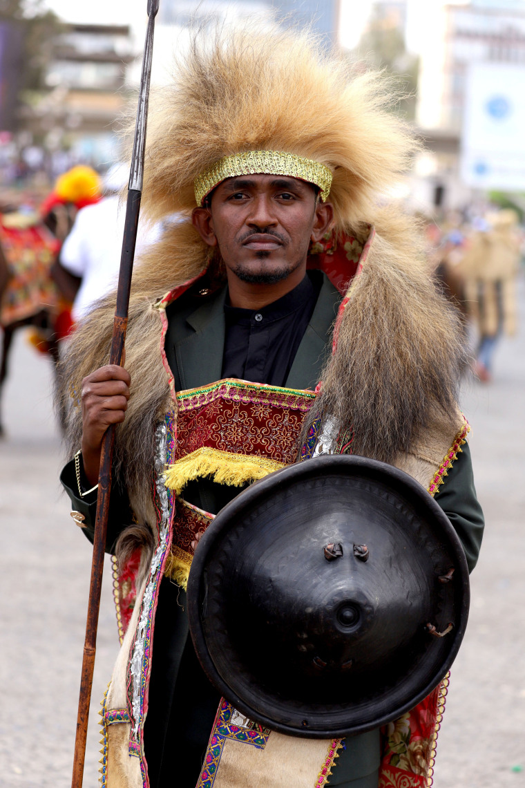 Ethiopian musician Haacaaluu Hundeessaa poses while dressed in a traditional costume during the 123rd anniversary celebration of the battle of Adwa, where Ethiopian forces defeated invading Italian forces, in Addis Ababa, Ethiopia, on March 2, 2019.