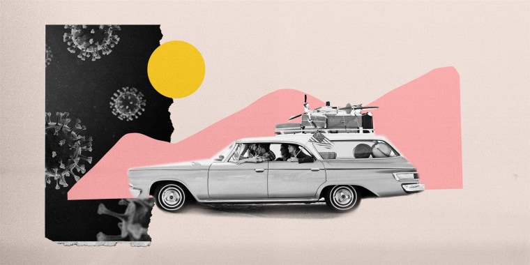 Image: Vintage car with suitcases travels through pink mountain shapes as coronavirus pores loom ahead.