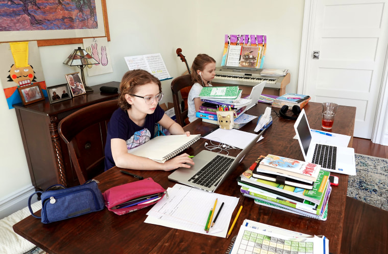 School children working from home during the Coronavirus lockdown, New York, NY