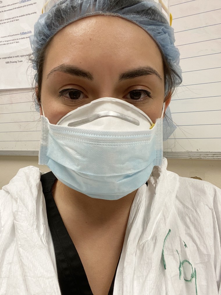 Garcia in the personal protective equipment she wears when caring for coronavirus patients.