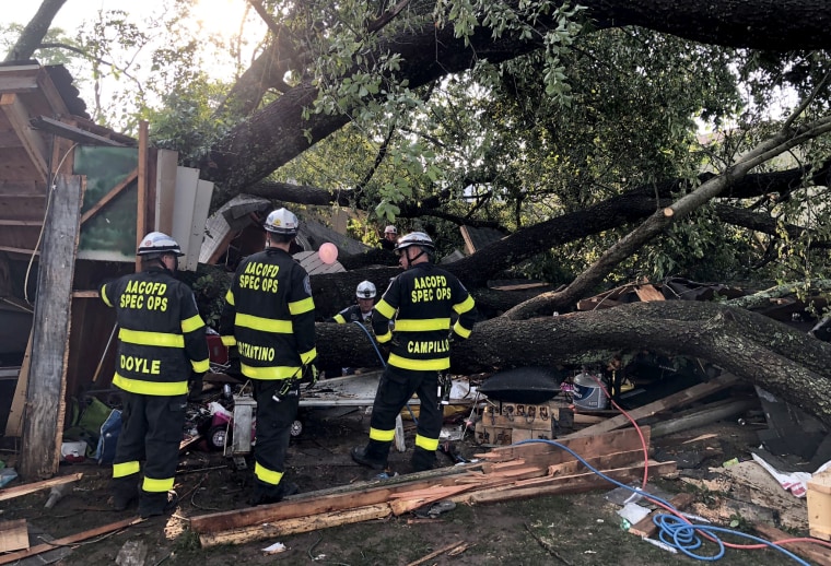 Image: A tree fell on a detached garage during a severe storm in Lake Shore, Md., on July 5, 2020.