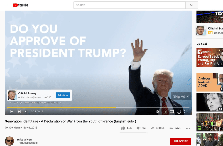 An ad for President Donald Trump on a white nationalist video on YouTube.