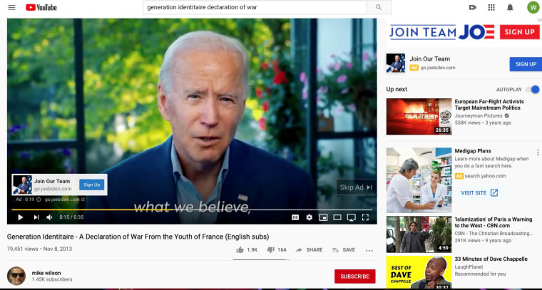 An ad for former Vice President Joe Biden on a white nationalist video on YouTube.