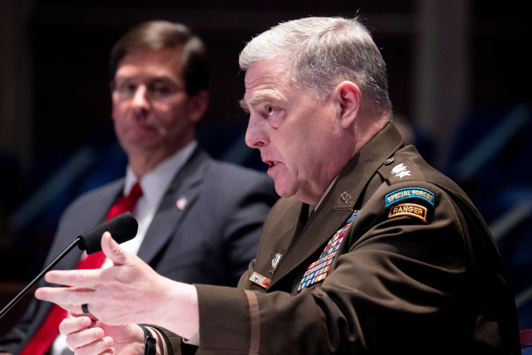 Chairman of the Joint Chiefs of Staff Gen. Mark Milley, right, and Secretary of Defense Mark Esper testify before a House Armed Services Committee hearing on July 9, 2020.