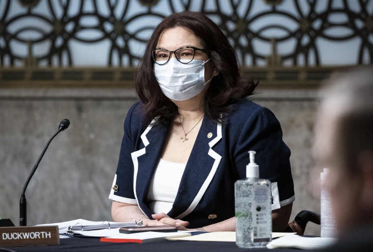 Sen. Tammy Duckworth, D-Ill., testifies during a hearing on Capitol Hill on May 7, 2020.
