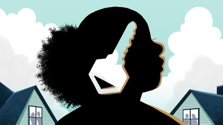 Image: A Black woman with part of her missing in the shape of a key surrounded by houses.