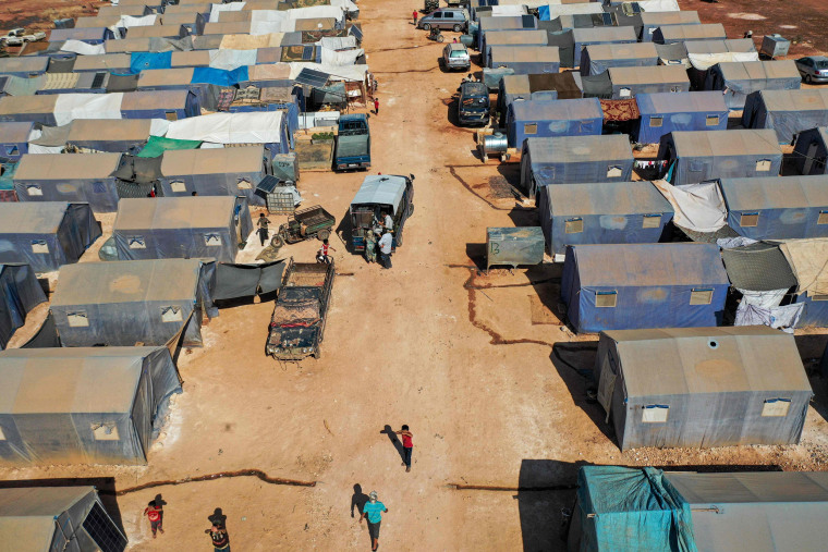 An aerial view of tents at the Azraq camp in Syria's northwestern Idlib province sheltering several hundred families displaced by the conflict on July 9, 2020.