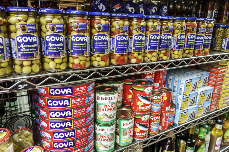 Image: Florida, Miami, La Playa market, olives and canned seafood display