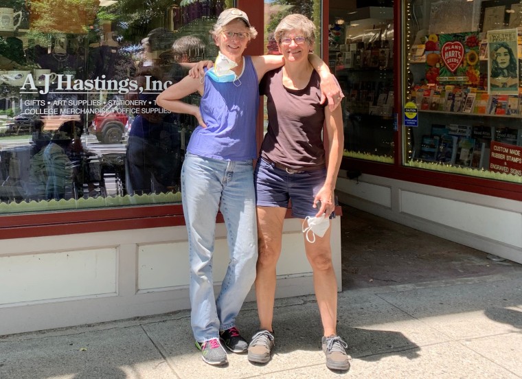 A.J. Hastings co-owners Mary Proll and Sharon Povinelli outside their office supply store in Amherst, Mass.