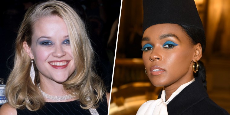 Blue eye shadow then vs. now: Reese Witherspoon in 1998/Janelle Monae in 2019