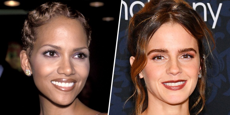Brown lipstick then vs. now: Halle Berry in 1999/Emma Watson in 2019