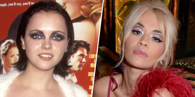Glitter makeup then vs. now: Christina Ricci in 1998/Rita Ora in 2018 