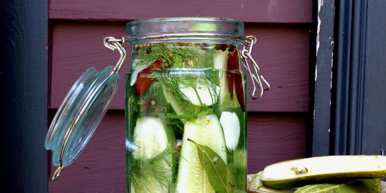Enjoy a jar full of spicy, salt-brined pickles.
