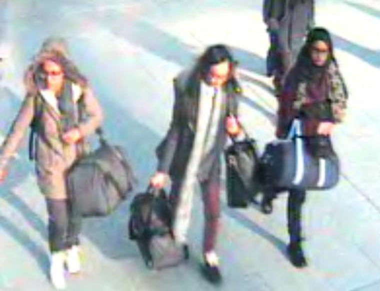 Image: British teenagers Amira Abase, Kadiza Sultana and Shamima Begum walking with luggage at Gatwick Airport