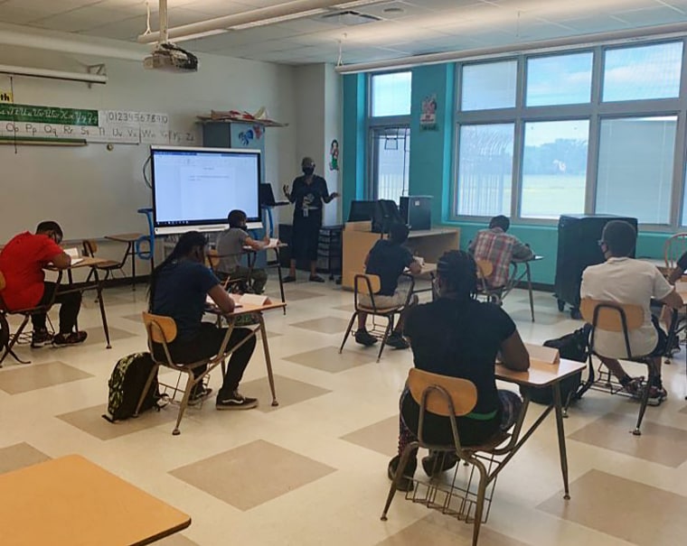 A teacher conducts a class during the first day of summer school in Detroit on July 13, 2020.