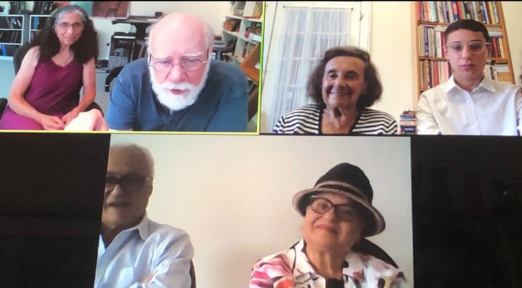 Image: Lilly Ebert and Dov Forman (right) hold a Zoom call with Arlene and Jason Schulman, descendants of the American GI that liberated Lilly during the war, along with Lilly's daughter and husband Bilha and Julian Weider.