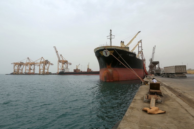 Image: FILE PHOTO: Ship carrying a shipment of grain is docked at the Red Sea port of Hodeidah