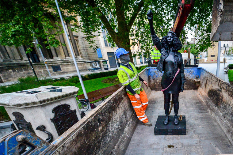 Image: The sculpture "A Surge of Power (Jen Reid) 2020" was removed and will be placed in storage, the mayor said.