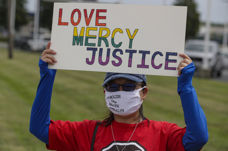 Image: Protesters against the death penalty gather in Terre Haute, Ind., Wednesday, July 15, 2020.