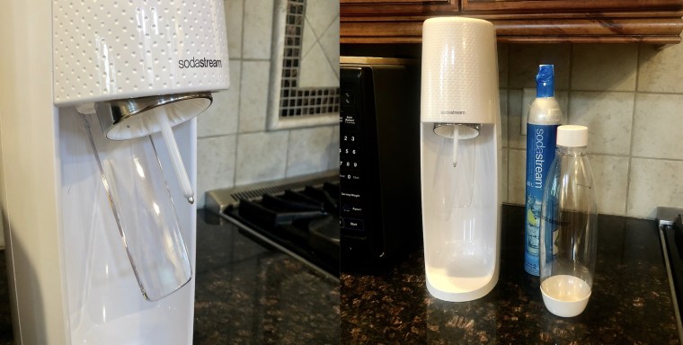 When the bottle is attached, the small nozzle adds carbonation to the water in just a few seconds.