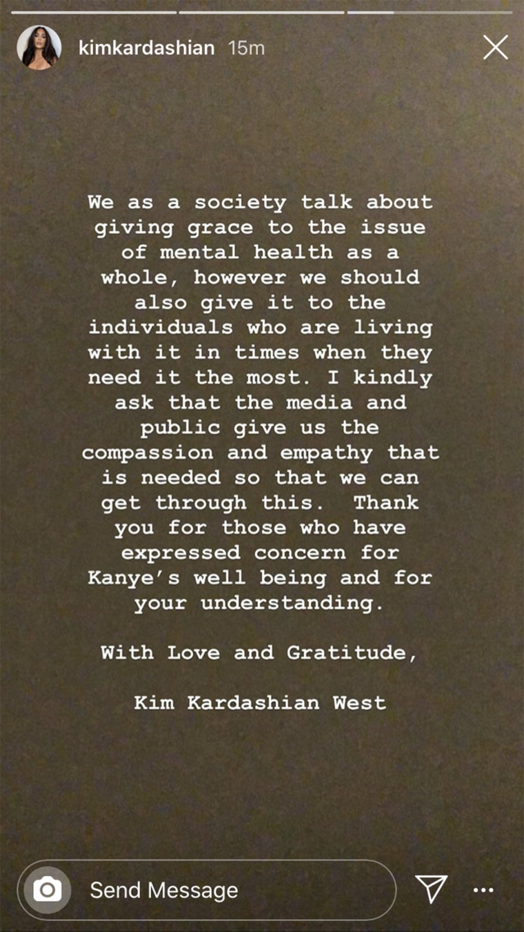 Kardashian West thanked those who have expressed their support for Kanye West's mental health issues. 