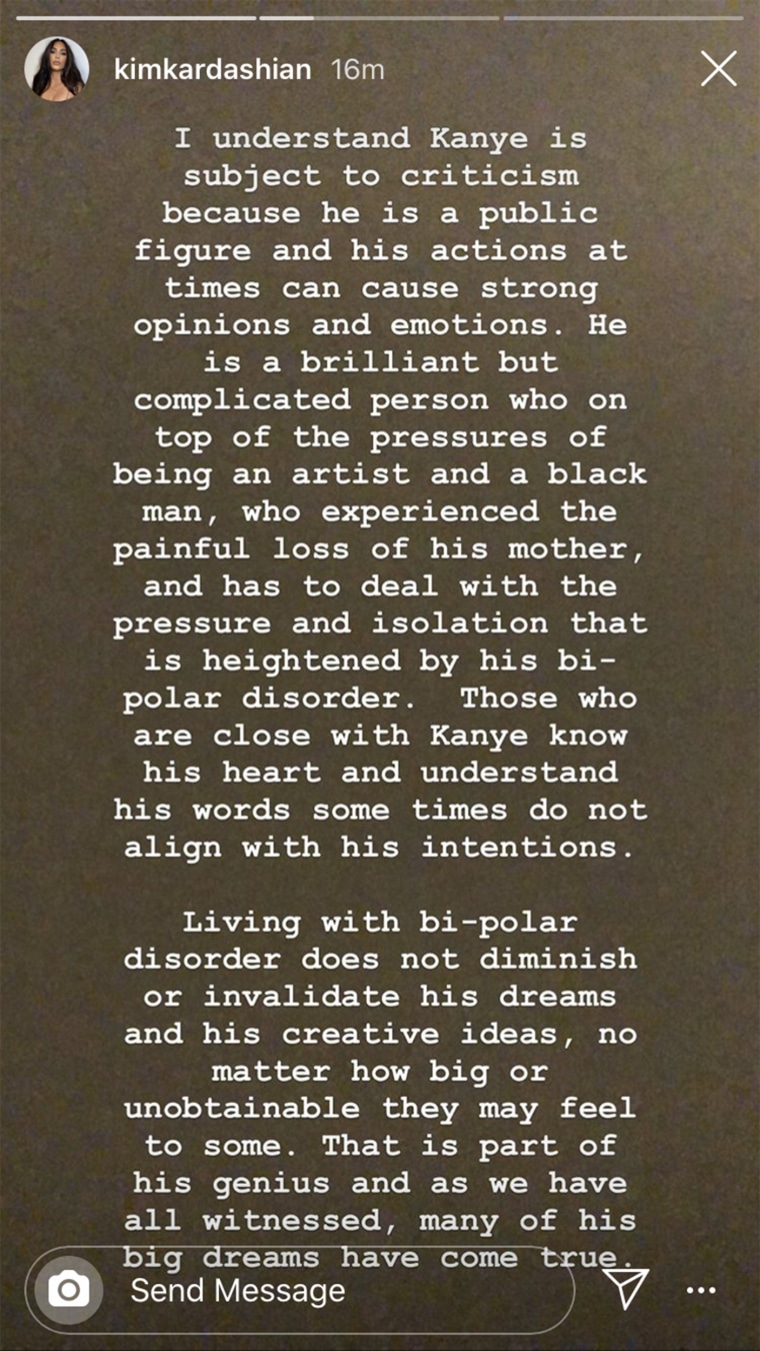 Kim Kardashian West addressed Kanye West's bipolar disorder in a message on her Instagram Stories. 