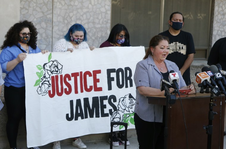 Denice Garcia, mother of James Garcia, who was shot last week by Phoenix police, speaks during a news conference in front of police headquarters on July 8, 2020.
