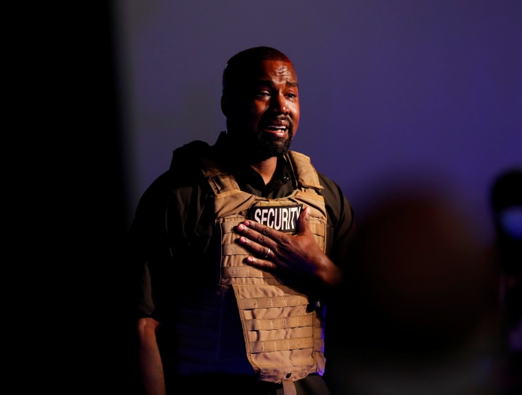 Image: Rapper Kanye West gets emotional as he holds his first rally in support of his presidential bid in North Charleston