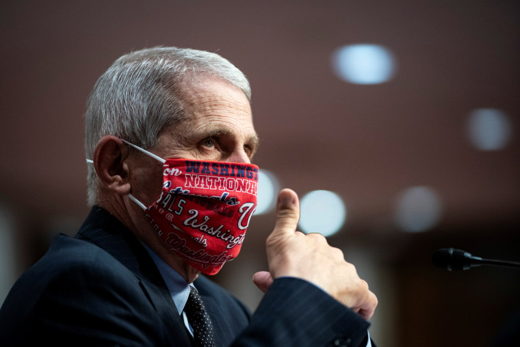 Dr. Anthony Fauci gives a thumbs up during a Senate Health, Education, Labor and Pensions Committee hearing on June 30, 2020.