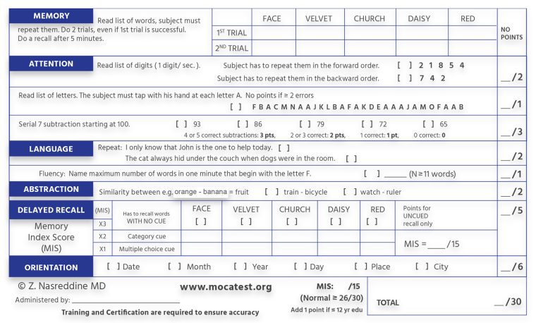 montreal cognitive assessment moca test for dementia