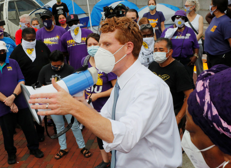 Image: Rep. Joe Kennedy III, D-Mass., speaks to workers at a nationwide Strike for Black Lives in Boston