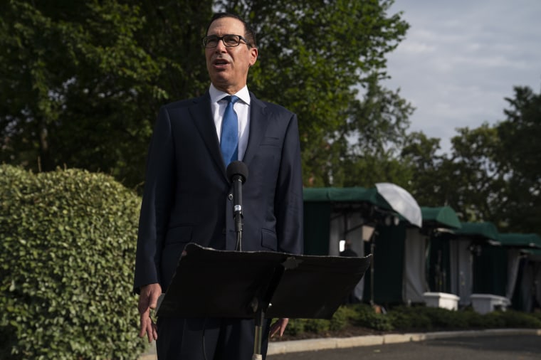 Treasury Secretary Steven Mnuchin speaks with reporters about the coronavirus relief package negotiations at the White House on July 23, 2020.