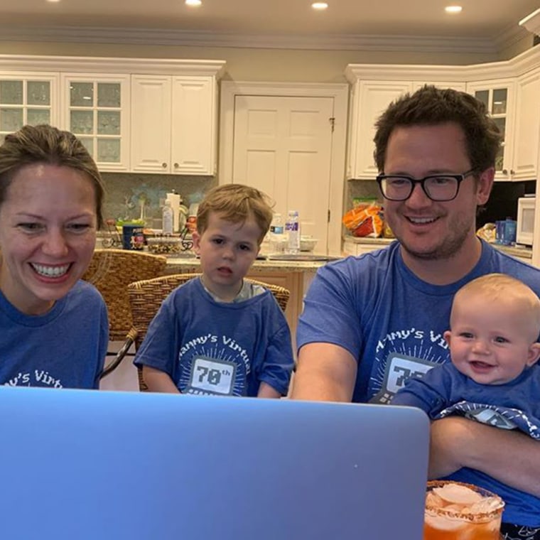 Dylan along with her husband Brian and their two sons, Cal and Ollie, in matching blue T-shirts during the virtual birthday party.