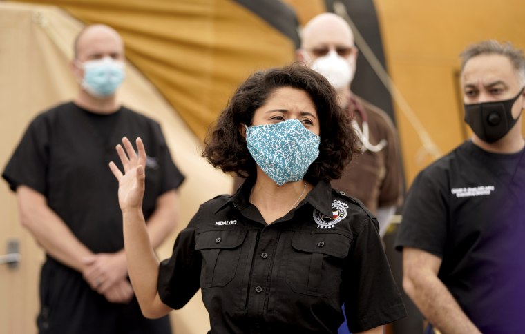 Image: Harris County Judge Lina Hidalgo speaks after a tour of medical shelter in Houston, Texas, on April 11, 2020.