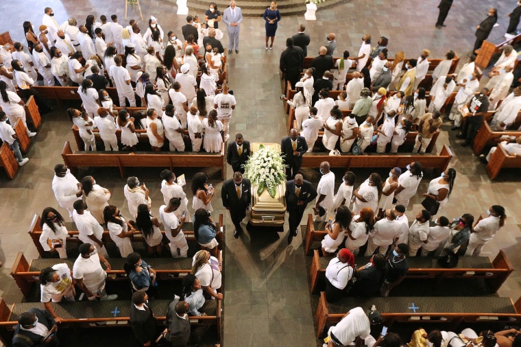 Rayshard Brooks' coffin is carried out of Ebenezer Baptist Church following his funeral in Atlanta on June 23.