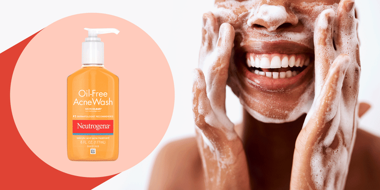 Woman washing her face with a face cleanser for acne-prone skin. Dermatologists share their best products for acne-prone skin including Neutrogena, Elta MD, Aveeno, Herbivore and more. Medical experts talk salicylic acid, benzoyl peroxide and adapalene.