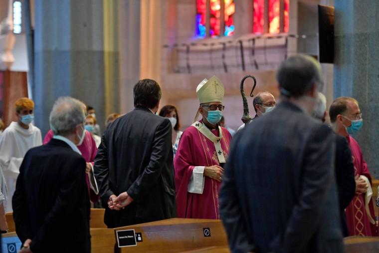 Archbishop of Barcelona Cardinal Juan Jose Omella arrives to officiate a Mass for victims of the coronavirus at the Sagrada Familia in Barcelona on July 26, 2020.