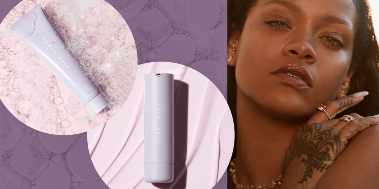 Fenty Skin by Rihanna 2020 launch includes a face wash, makeup remover, toner, serum, moisturizer and sunscreen. Fenty Skin Total Cleans'r Remove-It-All Cleanser, Fat Water Pore-Refining Toner Serum and Hydra Vizor Invisible Moisturizer Broad Spectrum SPF