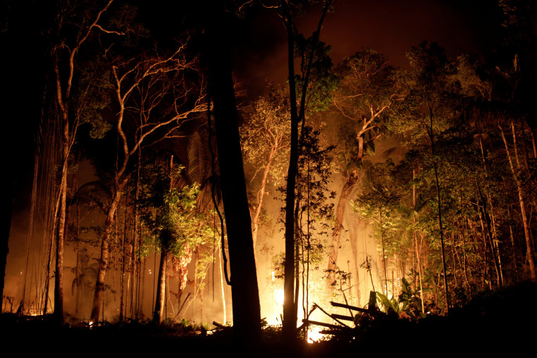 A fire burns a tract of Amazon jungle as it is cleared by loggers and farmers near Porto Velho, Brazil, on Aug. 31, 2019.