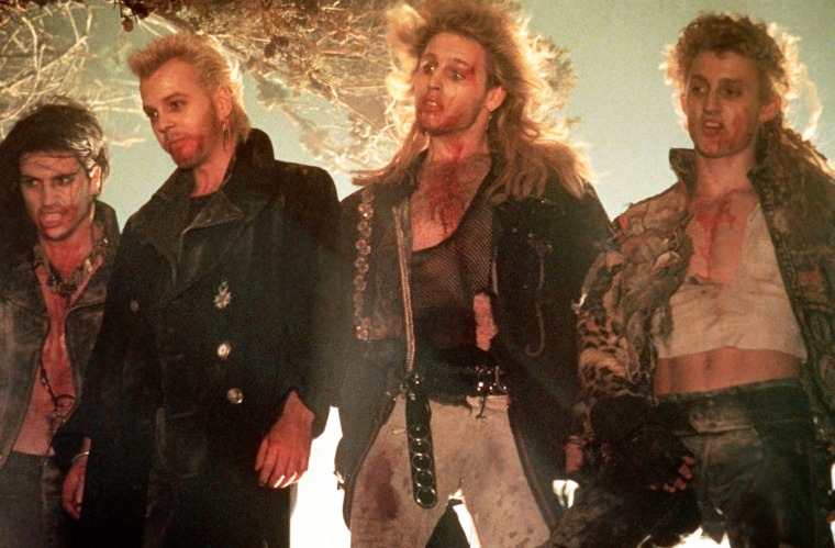 THE LOST BOYS, from left, Billy Wirth, Kiefer Sutherland, Brooke McCarter, Alex Winter, 1987,