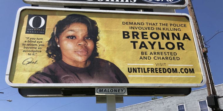A billboard sponsored by O, The Oprah Magazine, is on display with with a photo of Breonna Taylor, Friday, Aug. 7, 2020 in Louisville, KY.