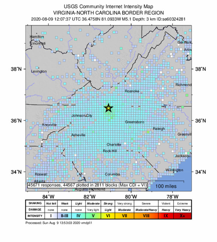 An intensity map shows the effects of an earthquake in North Carolina.