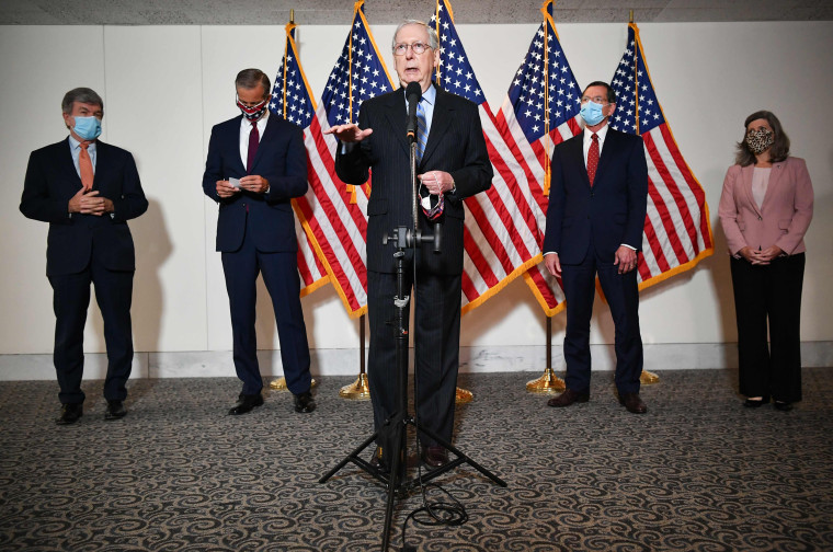 Senate Majority Leader Mitch McConnell speaks on Capitol Hill on Aug. 4, 2020.