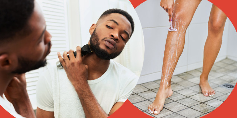 Man shaving face and a woman shaving her legs. Dermatologists recommend the best men's and women's razors including Billie, Gillette, Shick, Phillips, Harry's, Flamingo, Oui the People.