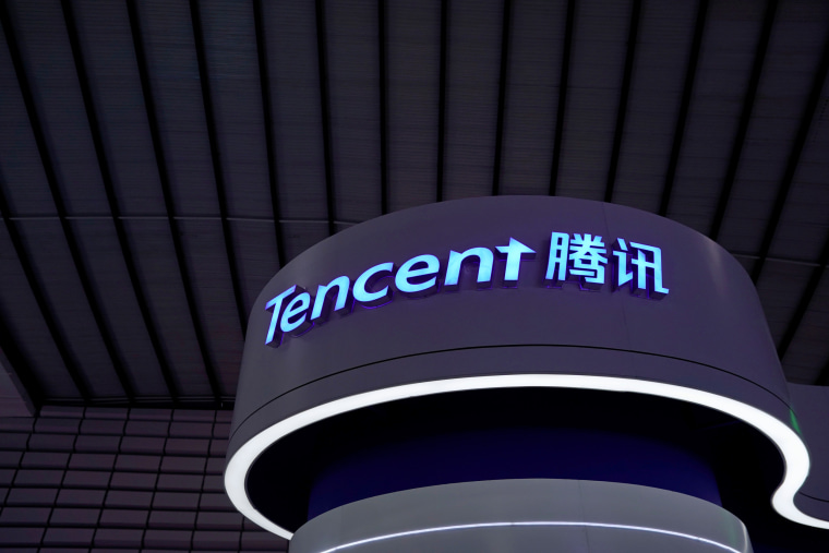 A Tencent sign is seen at the World Internet Conference (WIC) in Wuzhen